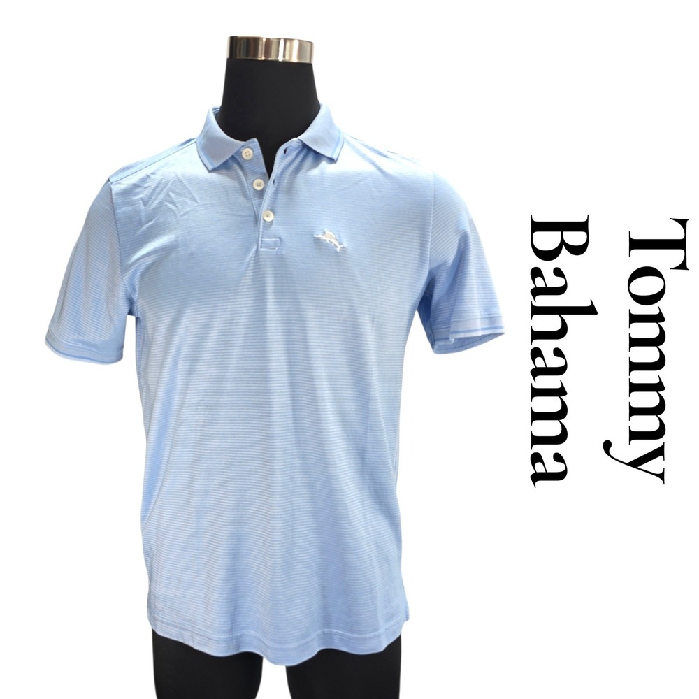 Tommy Bahama Polo Shirt Men M Blue Cotton Blend Striped Short Sleeve Coastal